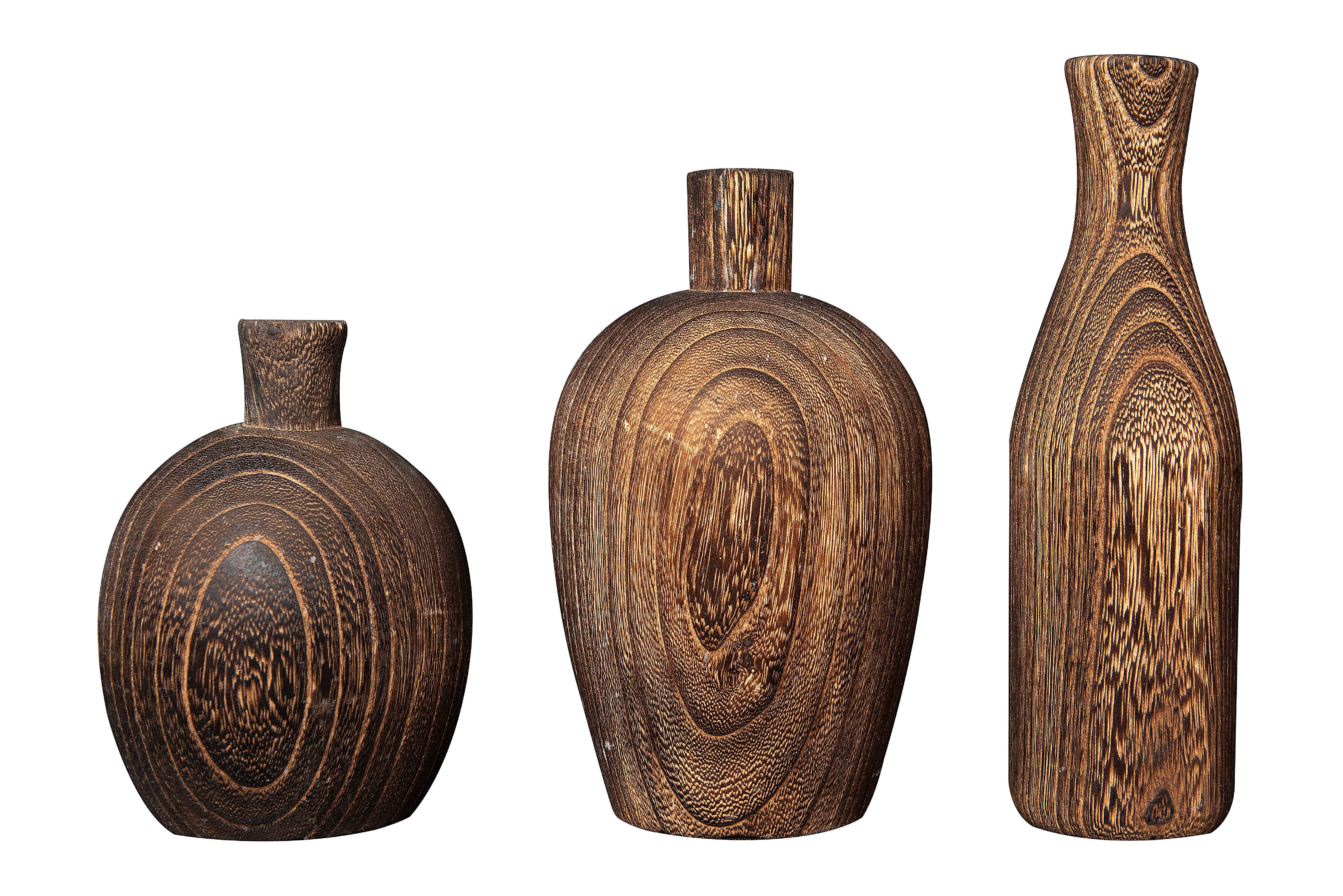 Creative CoOp Brown Paulownia Wood Vase with Black Charred Finish (Set