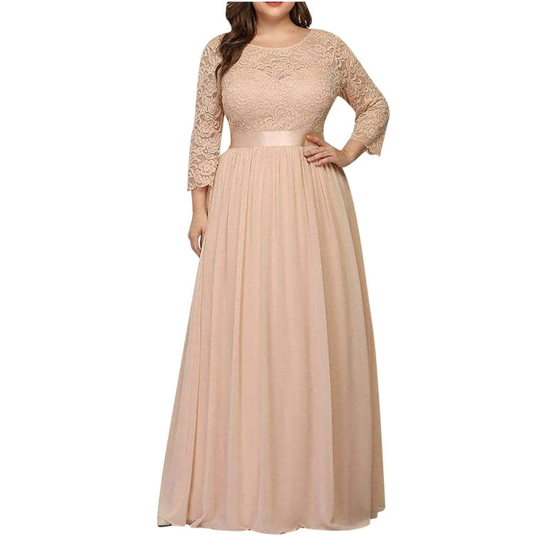 Womens Elegant Evening Dress Solid Crew Neck Lace Patchwork 3/4 Sleeves Dress Flowy Swing Cocktail Party Gown Dress Plus Size(M,Khaki) Womens Elegant Evening Dress Solid Crew Neck Lace Patchwork 3/4 Sleeves Dress Flowy Swing Cocktail Party Gown Dress Plus Size(M,Khaki)