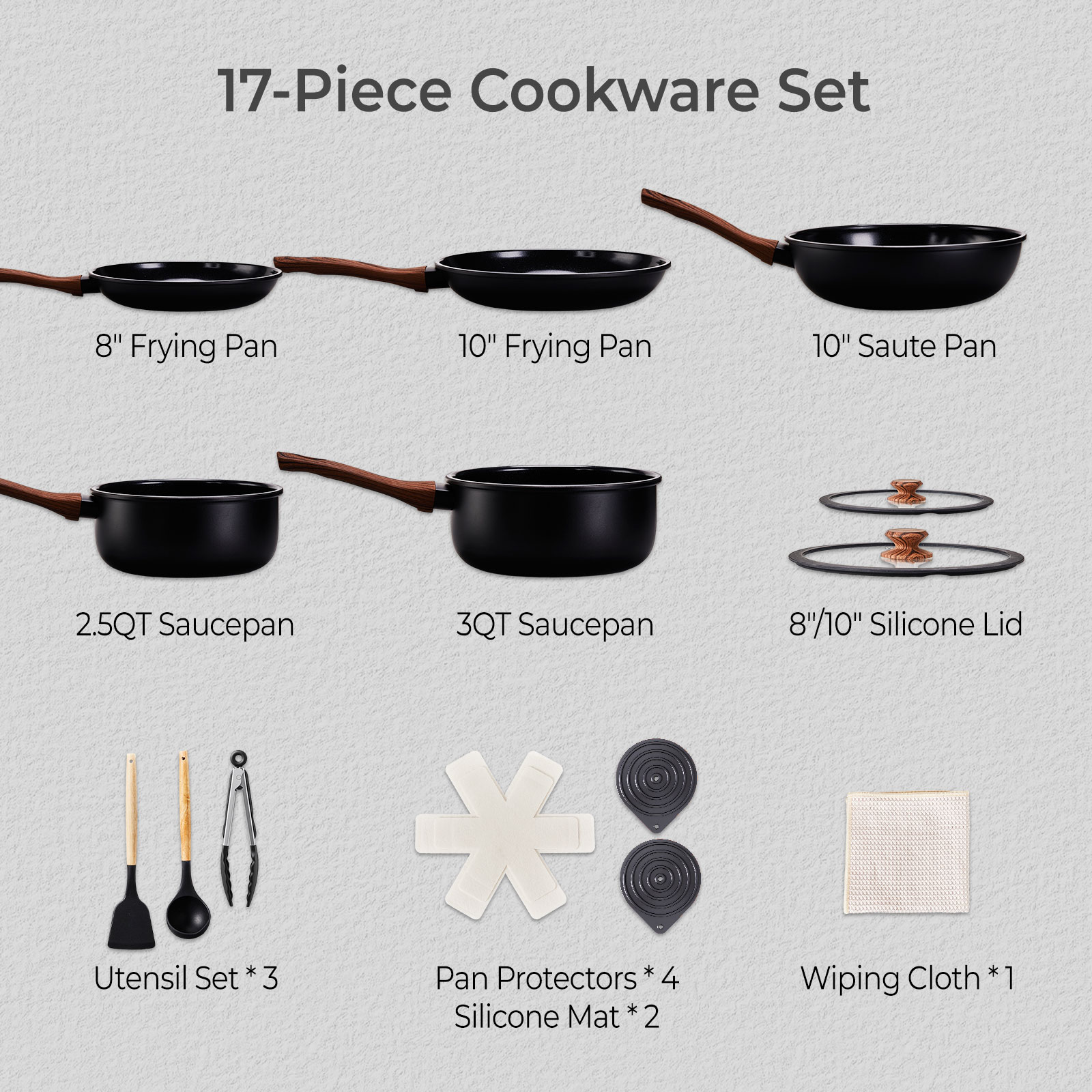Ktaxon 17pcs Nonstick Cookware Set with Woodgrain Handle, 5 Pots and Pans Set Aluminum Kitchen Cooking Set, Induction Safe, Black