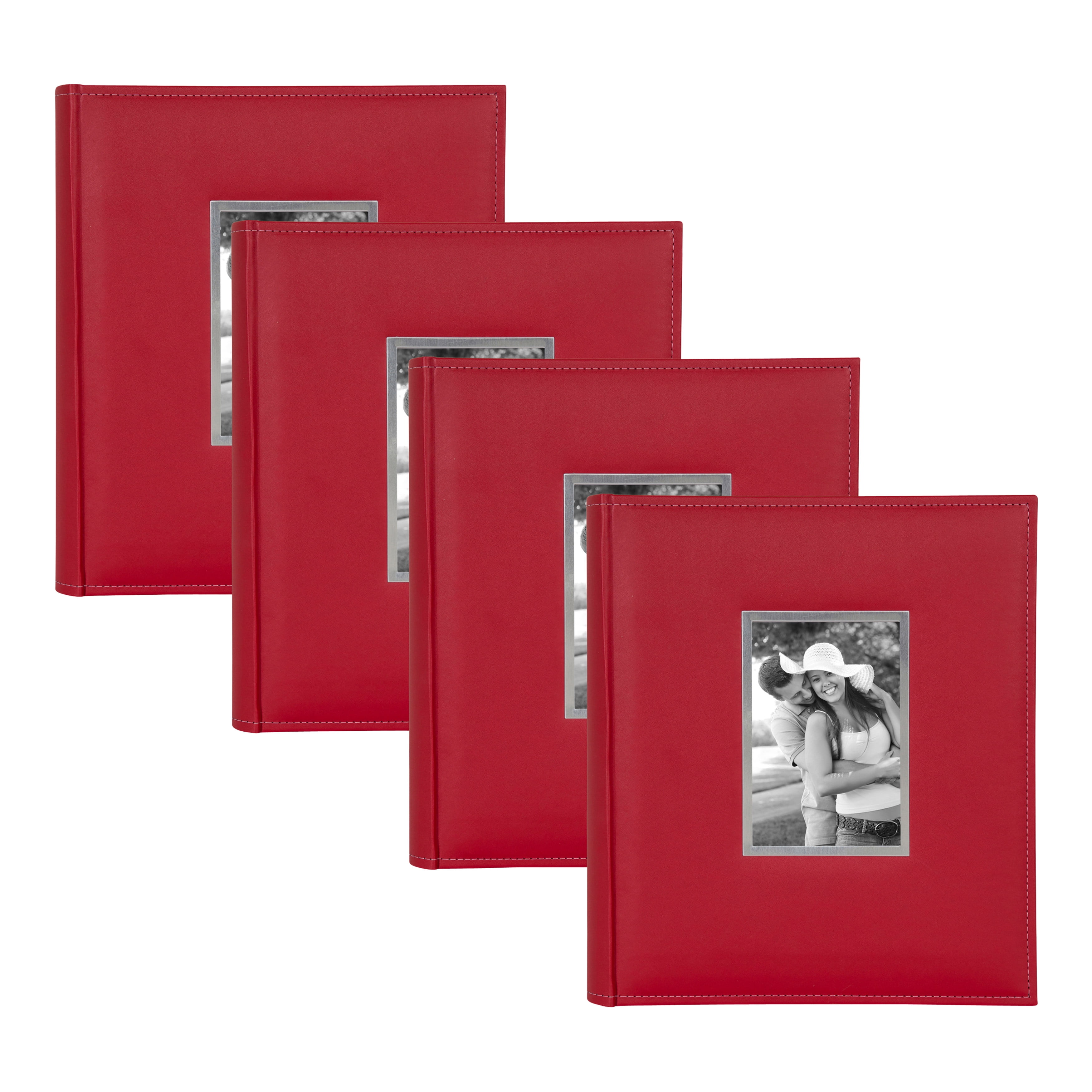 DesignOvation Sleek Large Faux Leather Photo Album, Holds 440 4x6 Photos, Red, Set of 4