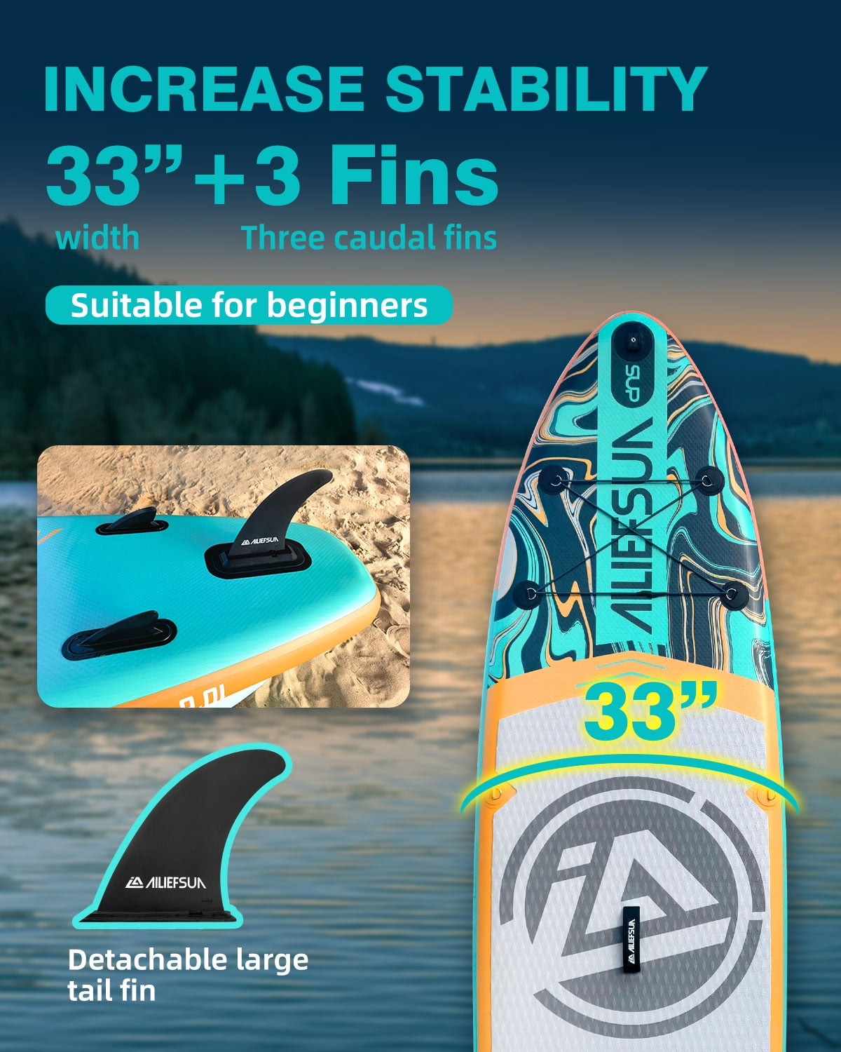 AILIEFSUN Emerald Wave 10'6”*33”*6“Ailiefsun Stand Up Paddle Board Inflatable Stable Sup Board with Fishing Paddleboards Accessories for Adults Youth Wide Non-Slip Deck Surfboard