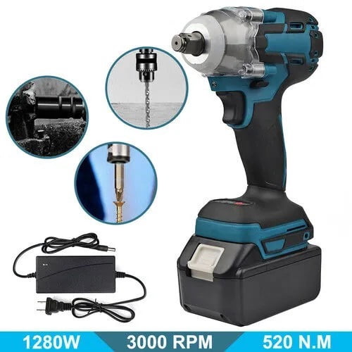XEENSO High Power Cordless Impact Wrench Gun 1/2'', Tungsten Steel Shaft, Li-ion Battery
