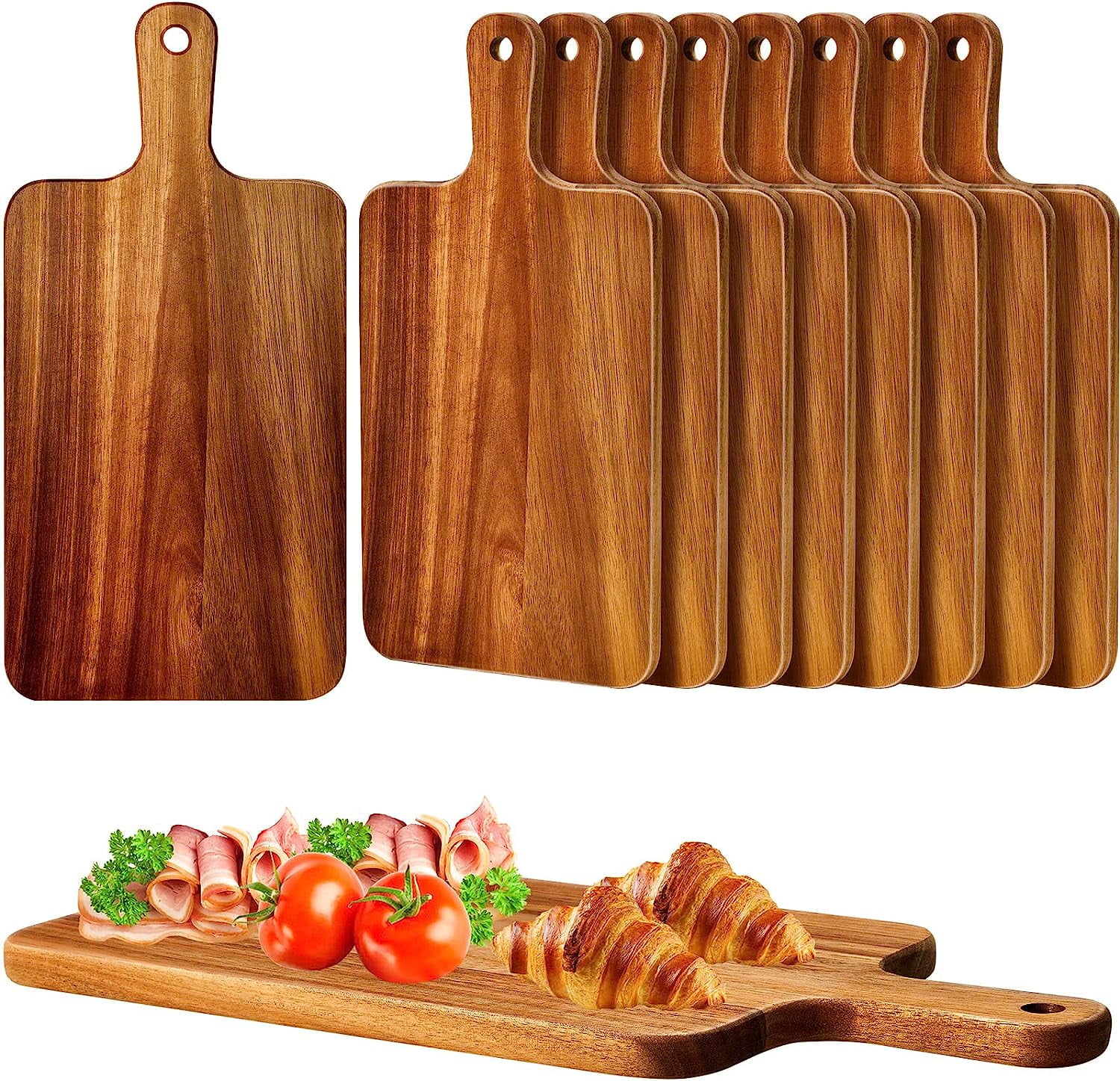 10 Pcs Wood Cutting Board with Handle 15.7 x 7.8 Inch Acacia Wooden Serving Kitchen Chopping Boards for Pizza, Bread, Cheese, Charcuterie, Fruit, Vegetables