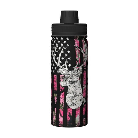 

Pink Camouflage American Flag Deer Hunting 18 Oz Water Bottles Insulated Water Bottle Stainless Steel Thermos with Flip Lid