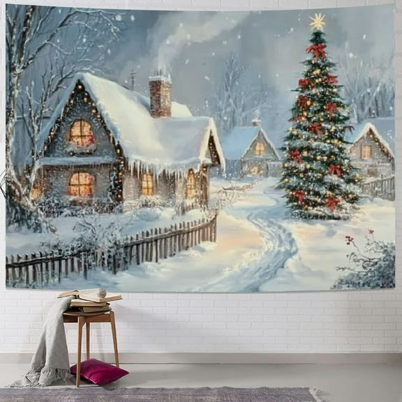 Pratyus Christmas Tree Snow Village Tapestry Wall Hanging Home Decor for Bedroom Dorm Decoration, Short Plush Fabric, Multiple Uses, Easy Installation 50x40inch