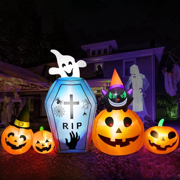 Yexmas 9.5ft Halloween Inflatable Pumpkins Outdoor Decor with Black Cat Tombstone and Spectre,Built-in LED Lights,for Halloween Party,Yard,Garden,Lawn
