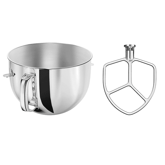 Cfweater Compatible with KitchenAid 6-Quart Bowl-Lift Mixer 6QT Stainless Steel Bowl with Handle & Flat Beater Set, 2-Piece, Dishwasher Safe.