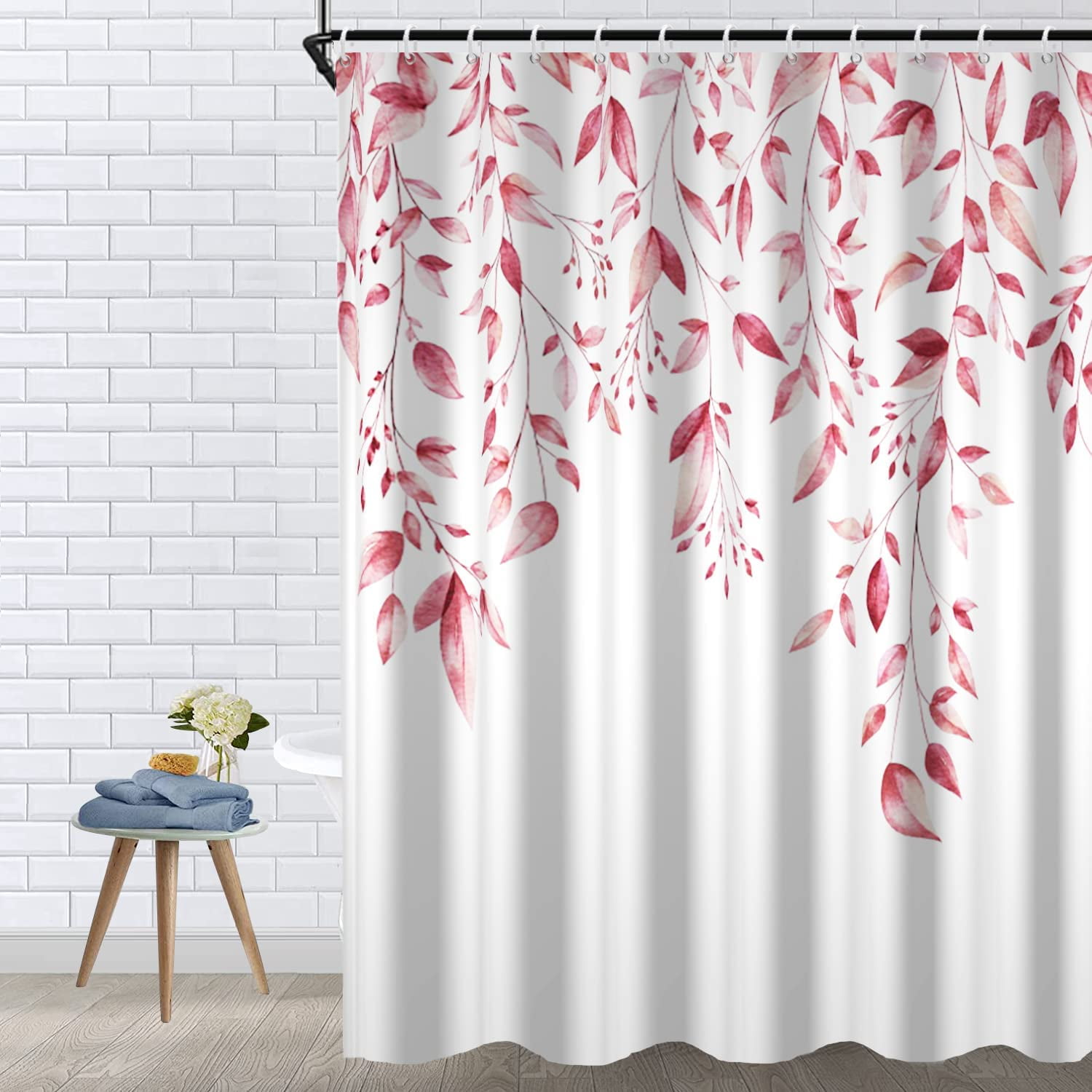 Pink Shower Curtain, Leaves Eucalyptus Shower Curtain Set, Watercolor ...