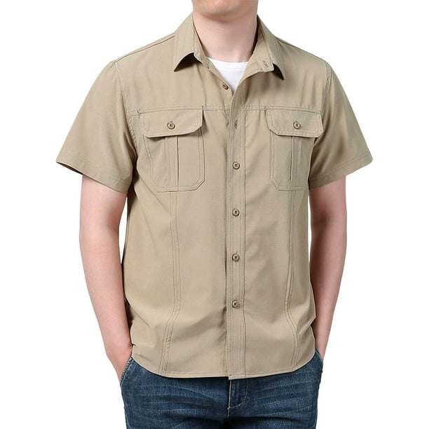 Camisa de manga corta para hombre - Informal, holgada, lisa - Ropa de trabajo de secado rápido - Verano - Bolsillos utilitarios - Poliéster