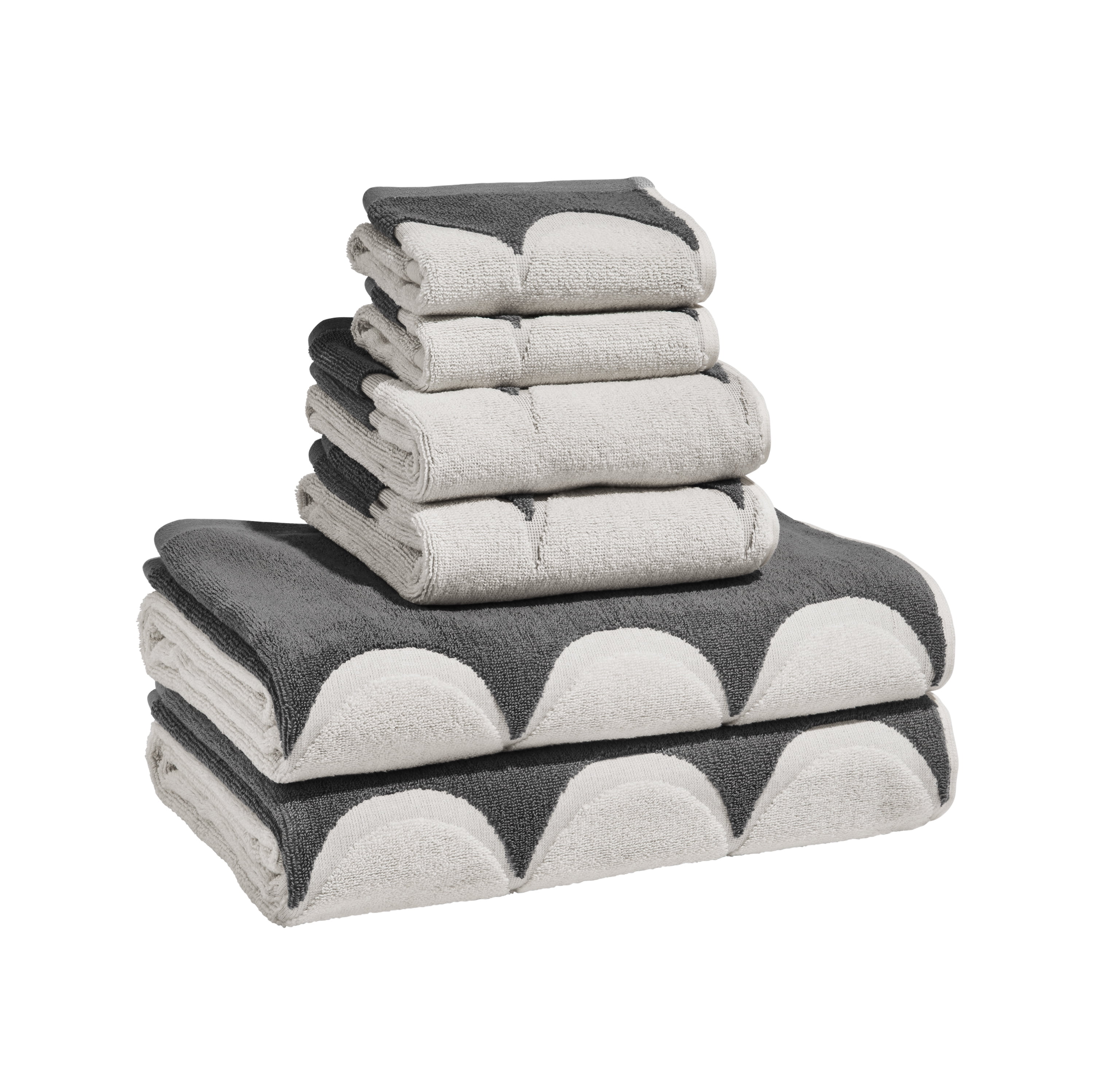 Beautiful by Drew Barrymore 6-Piece Scallop Bath Towel Set, Soft 100% Cotton, Charcoal