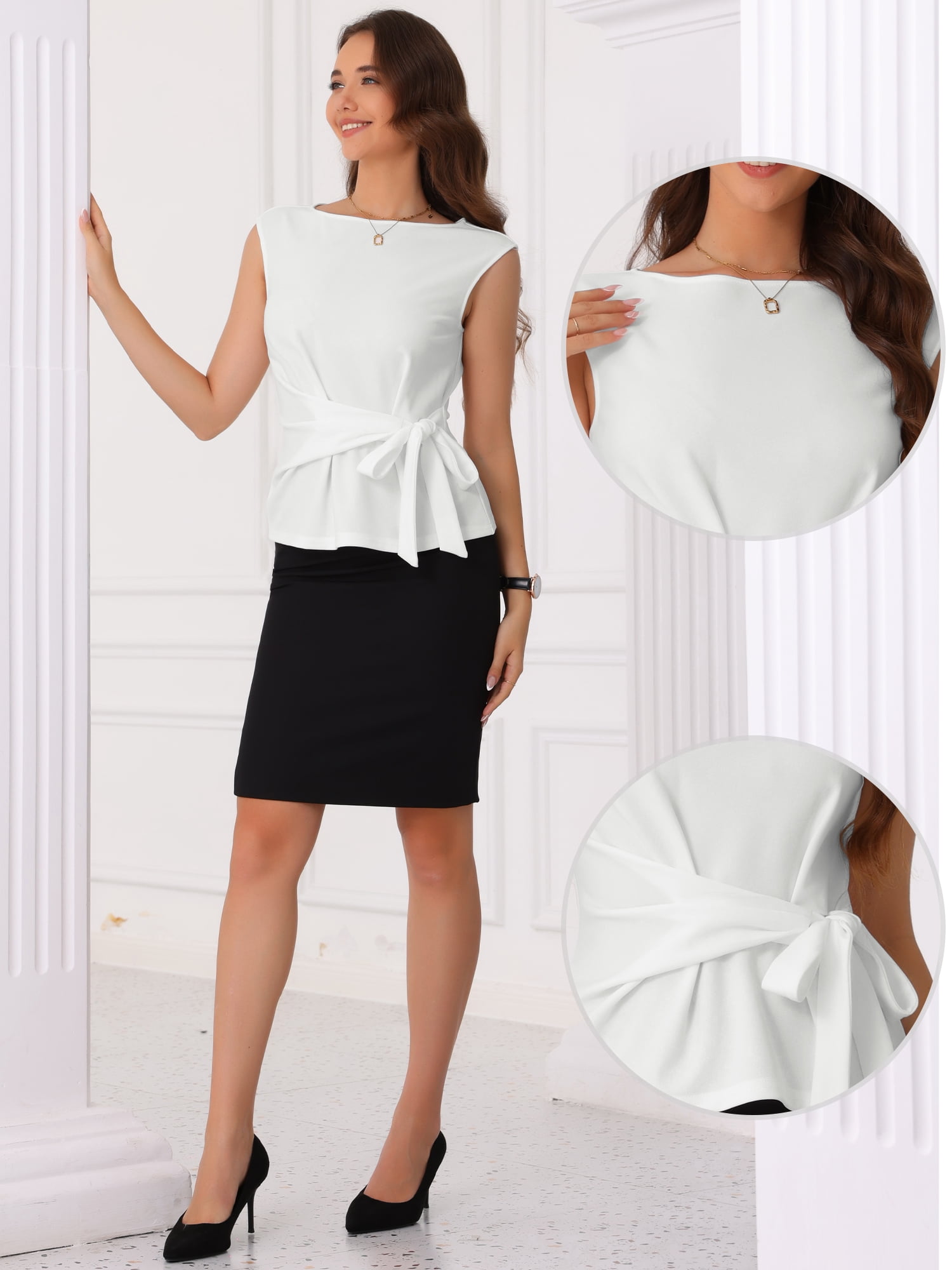 DARING DIVA Women's Elegant Side Tie Wrap Cap Sleeve Blouses L White