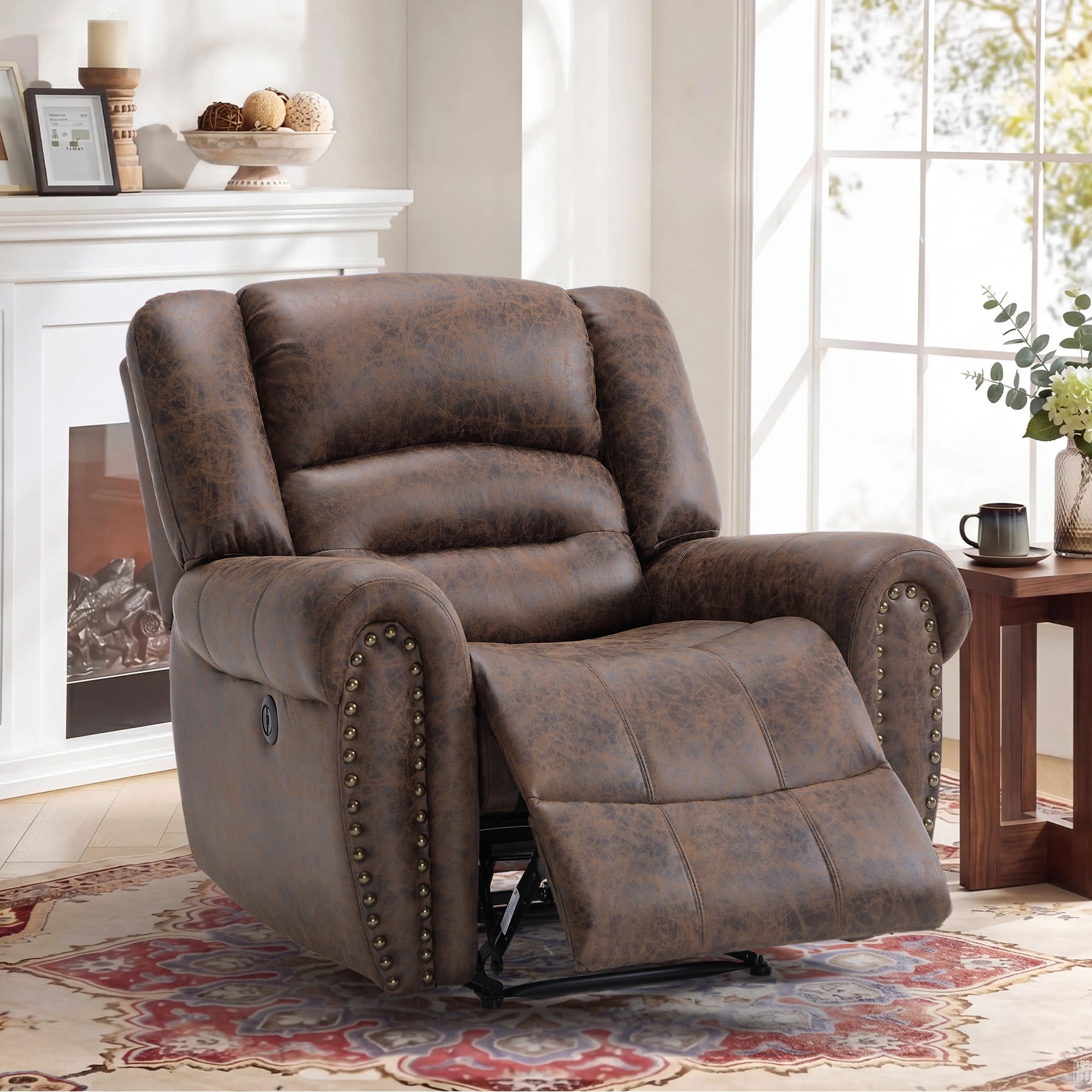 Bonzy Home Electric Power Recliner Chair, Modern Reclining Chair with Rivet Trim & USB Port, Classic Single Sofa Home Theater Recliner Seating, Brown