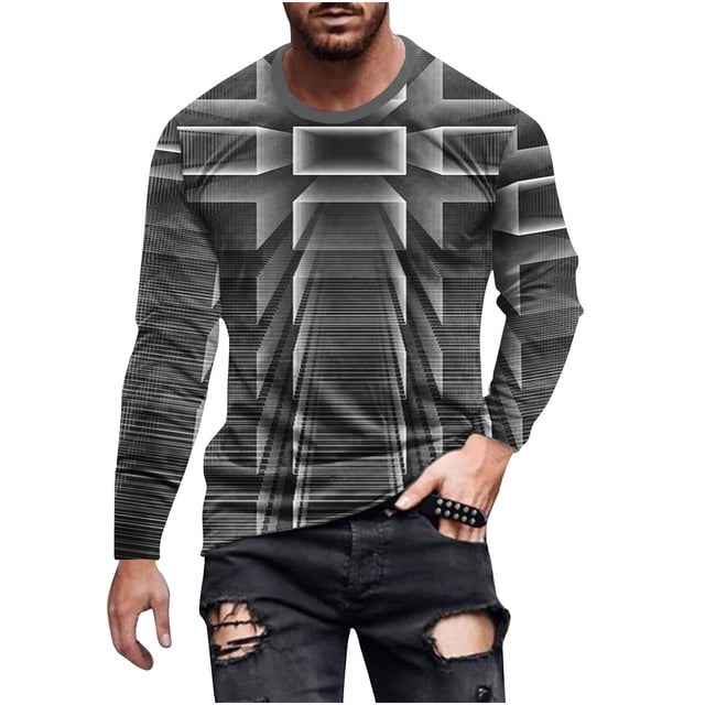 Blusas y camisas de manga larga con cuello redondo para hombre, blusa informal de manga larga con cuello redondo y estampado de rayas, blusa de poliéster para hombre
