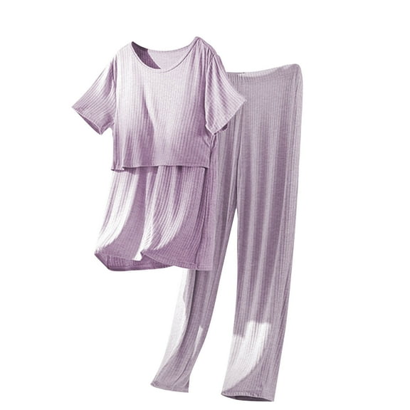 Ohufall Maternity Pajama Sets for Women with Chest Pads Solid Casual Short Sleeve Crew Neck Shirts and Pants 2 piece Lounge Sets Summer Soft Comfortable Modal Sleepwear Sets for Women