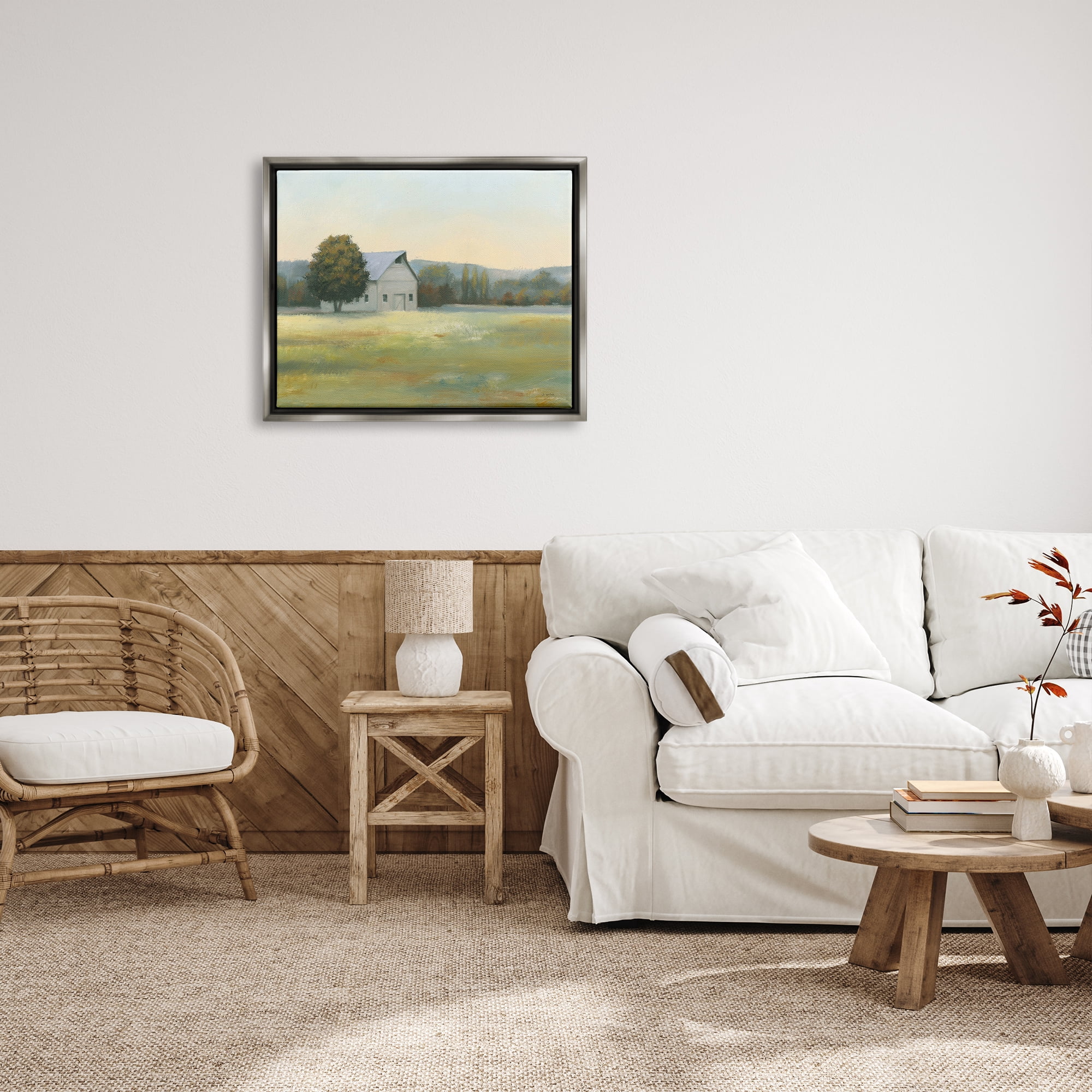 Stupell Industries Rural Countryside Cottage Nature Painting Gray Floater Framed Art Print Wall Art, 31 x 25