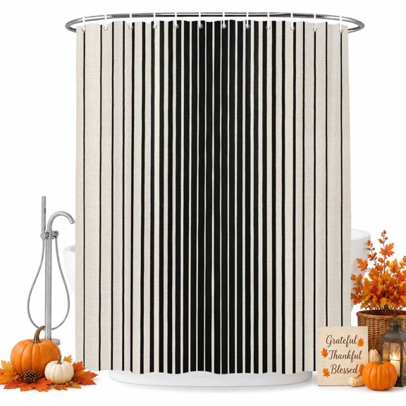 Black Striped Shower Curtain Set - Standard 72" x 72" Washable Bathtub Curtain with 12 Hooks, Farmhouse Beige Stripes Vintage Rustic Waterproof Fabric Stall Shower Curtains for Bathroom Décor