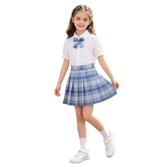 Cotton Two Piece Skirt Set for Girls Summer Puff Sleeve Collared Top Plaid Skirt Bow Tie Preppy School Uniform Outfit for Class Photos Party Recital