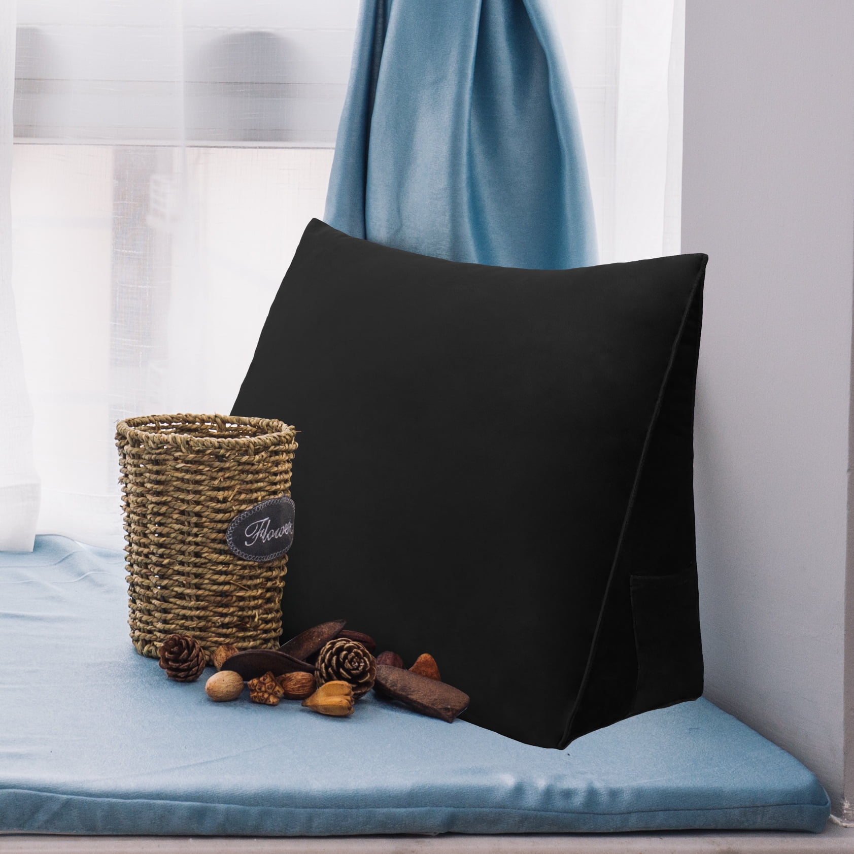 WOWMAX Reading Pillow Bed Wedge Large Adult Backrest Lounge Cushion with Pocket Firm Back Support for Sitting Up in Bed Couch Without arms for GERD Heartburn Velvet for Christmas/Holidays Black