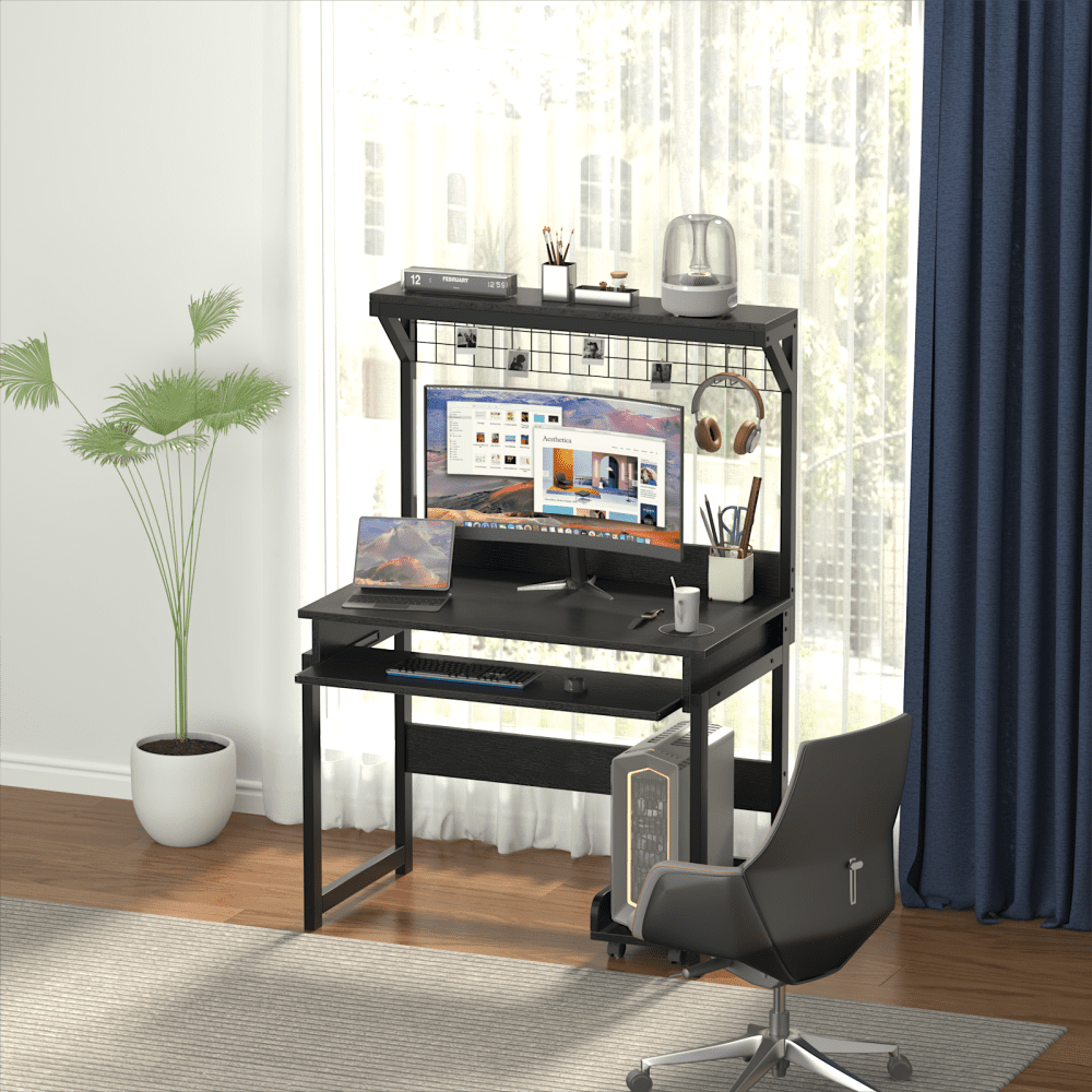 MIN EN WIN Retro Computer Desk with Storage Shelf and Keyboard Tray, Industrial Style Gaming Desk for Home Office,Black