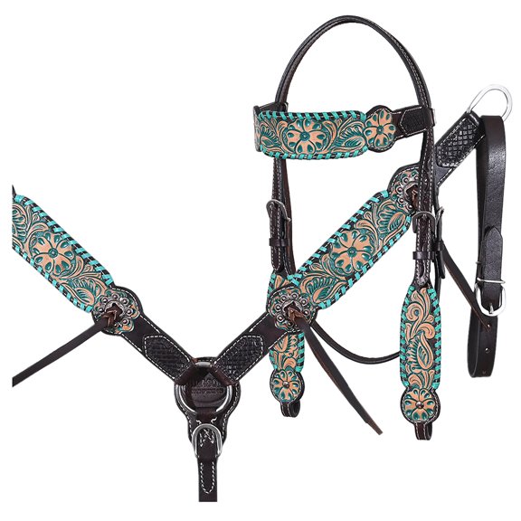 HILASON Western Horse Floral Buckstitch American Leather Headstall Breast Collar Set