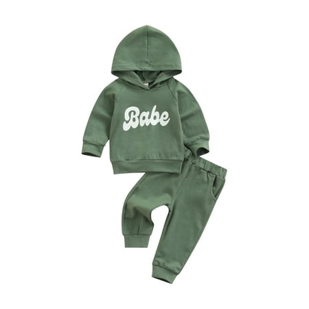 

Kiapeise Baby Boy Girl Clothes Babe Letter Printed Hoodies Sweatshirt Top Pants Set Toddler Sweatsuits Joggers Set
