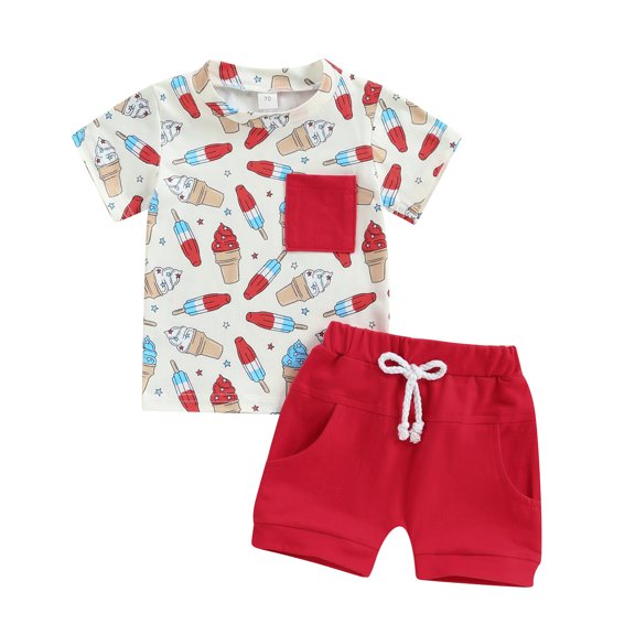 Aojekbee Toddler Boy 4th of July Outfit Popsicle Print Pocket Short Sleeve T-Shirt with Solid Color Shorts for Independence Day