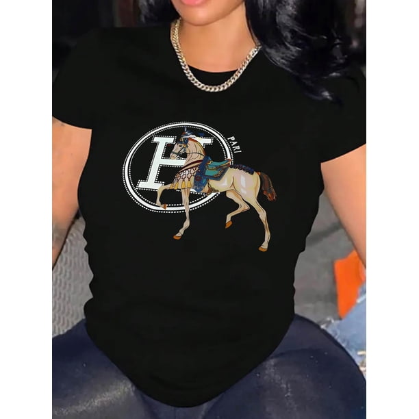 Camiseta Ligera de verano para mujerCreative Cartoon Horse Alphabet Women's Fashion Trendy Women's Short Sleeve, Simple Casual Sports T-shirt, Comfortable Holiday Summer TopFather's Day, Mother's Da