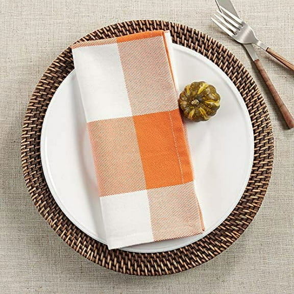 Fennco Styles Autumn Buffalo Plaid Cotton Cloth Napkins 20" W x 20" L, Set of 4 - Orange Dinner Napkins for Everyday Use, Home, Dining Table Décor, Banquets, Christmas, Special Events