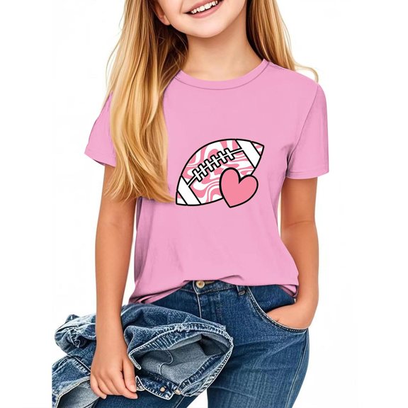 Eltusu Girls Cotton T-shirts, Short Sleeve Pullover Comfort Crewneck Graphic Tee Pink Size 5-6 T