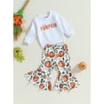 thumbnail image 3 of Lamuusaa Kid Girls Pants Set, Letters Print Sweatshirt with Pumpkin Print Flare Pants Halloween Clothes, 3 of 8