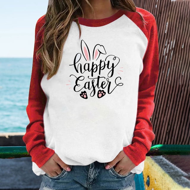 EGNMCR Easter T-Shirts Imprimés pour Femmes T-Shirts Graphiques Femmes Chemises Easter Mode Chandails Décontractés à Manches Longues Imprimés pour Femmes Hauts T-Shirts pour Femmes