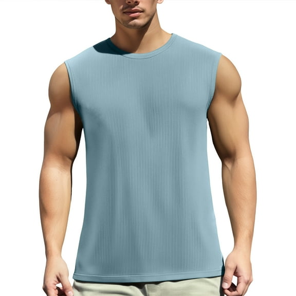 Tank Tops Men Summer Solid Color Ice Silk Mesh Round Neck Sleeveless Breathable Sports Muscle Breathable Vest Tee Shirts Streetwear,Blue,XXXXL
