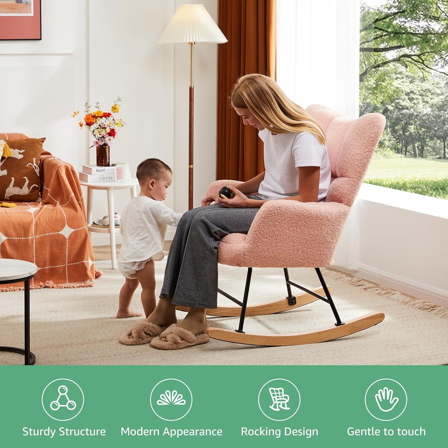 QUIOCOZY Nursery Rocking Chairs, Teddy Upholstered Glider Recliner Rocking Chair with High Backrest Armchair, Comfy Reading Chair Fluffy Accent Side Chair for Nursing, Living Room, Bedroom