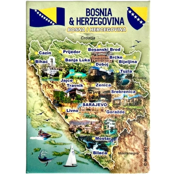 Bosnia & Herzegovina Graphic Map and Attractions Souvenir Fridge Magnet 2.5" X 3.5"