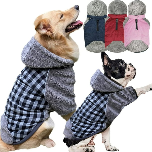 Abrigo para perro con gorro extraíble, abrigo grueso y cálido de invierno de forro polar para perro, ropa reflectante para perro con patas, suéter negro a cuadros para perro, talla S