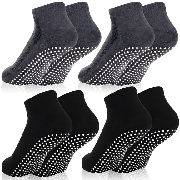 TELOLY 4 Pairs Non Slip Socks with Grip, Anti Slip Socks with Cushion, Full Toe Ankle Fall Prevention Socks with Grip, Non Skid Socks for Yoga, Pilates, Dance, Ballet, Men, Women (Black, Dark Gray)