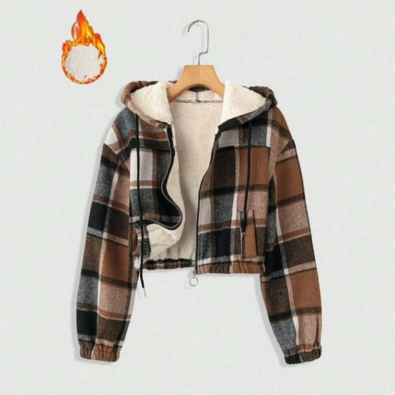 GaThRRgYP Women's Cozy Fluffy Winter Coat,Women's Fleece Lined Flannel Thick Plaid Print Long Sleeve Hooded Zipper Thermal Lined Short Jacket with Pocket Brown S