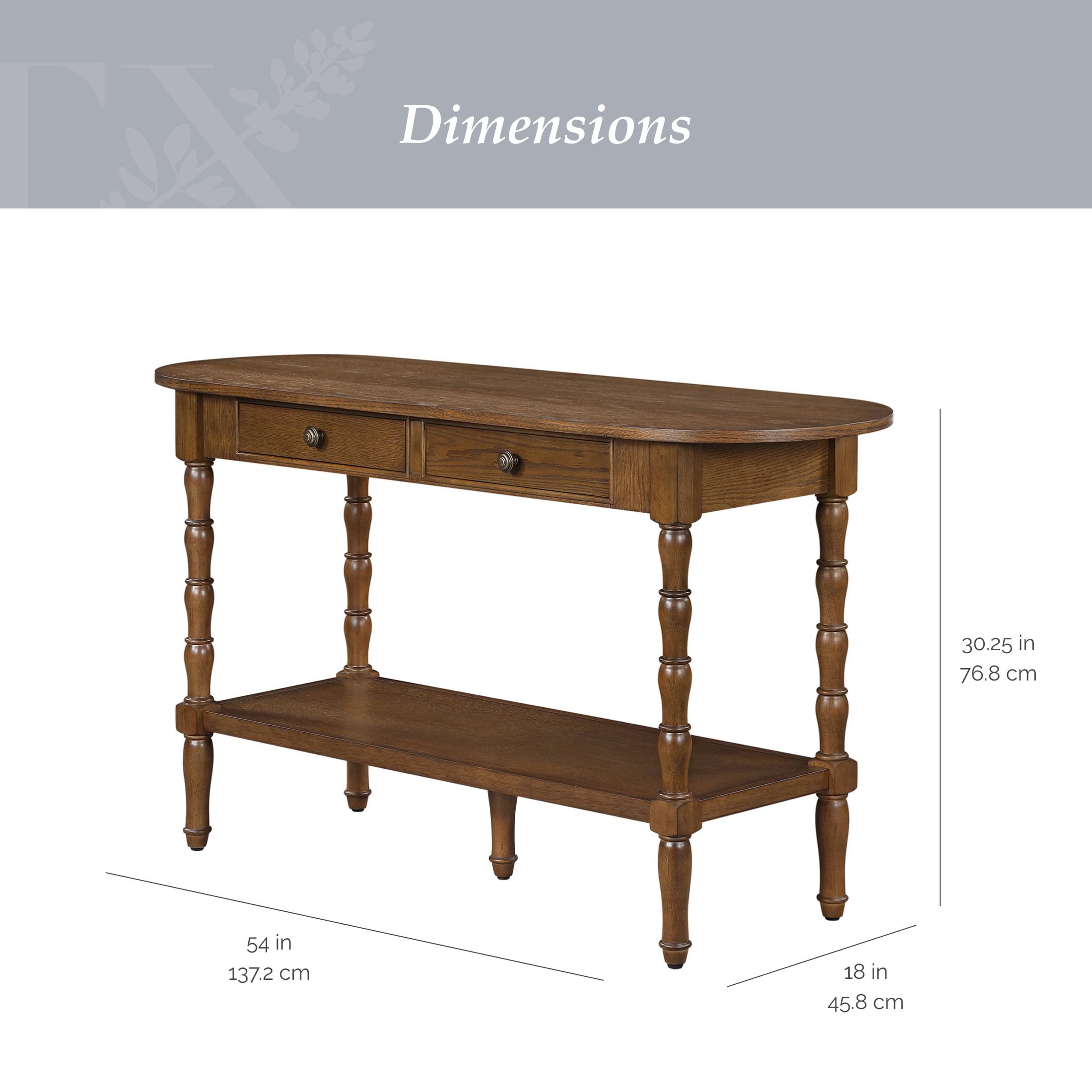 My Texas House Lewis Console Table in Warm Brown with Oval Top and Storage Drawers