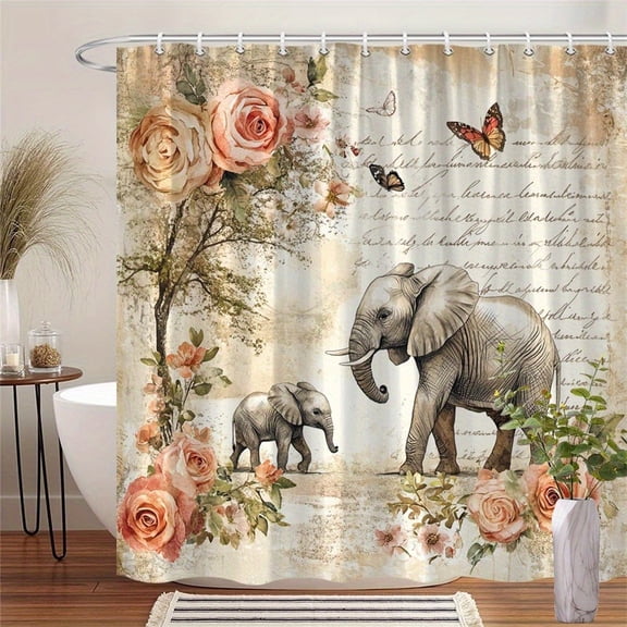 Vintage Elephant Rose Shower Curtain, Butterfly Floral Animal Print Bathroom Decor, 70x70 Inch