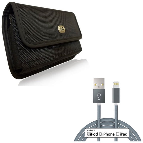 10ft MFi USB Cable w Rugged Case Belt Clip for iPhone XS Max/8 PLUS/7 Plus/6S Plus/6 Plus - Certified Charger Cord Power Wire Braided and Holster Canvas Cover Pouch Carry