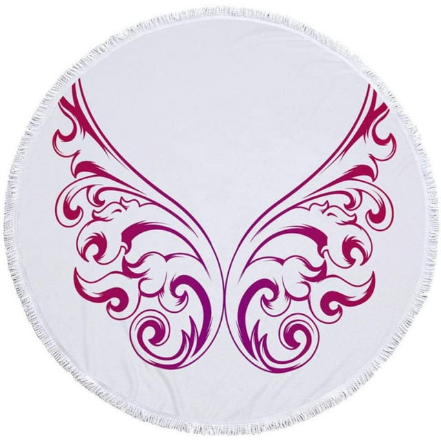 Thick Round Beach Towel Oversized Blanket, Microfiber Fabric with Cotton Tassels Fringe Cartoon Pink Wing Novelty Print 60 Inch Thick Circle Large Sand Proof Tapestry Table Cover Quick Dry Outdoor