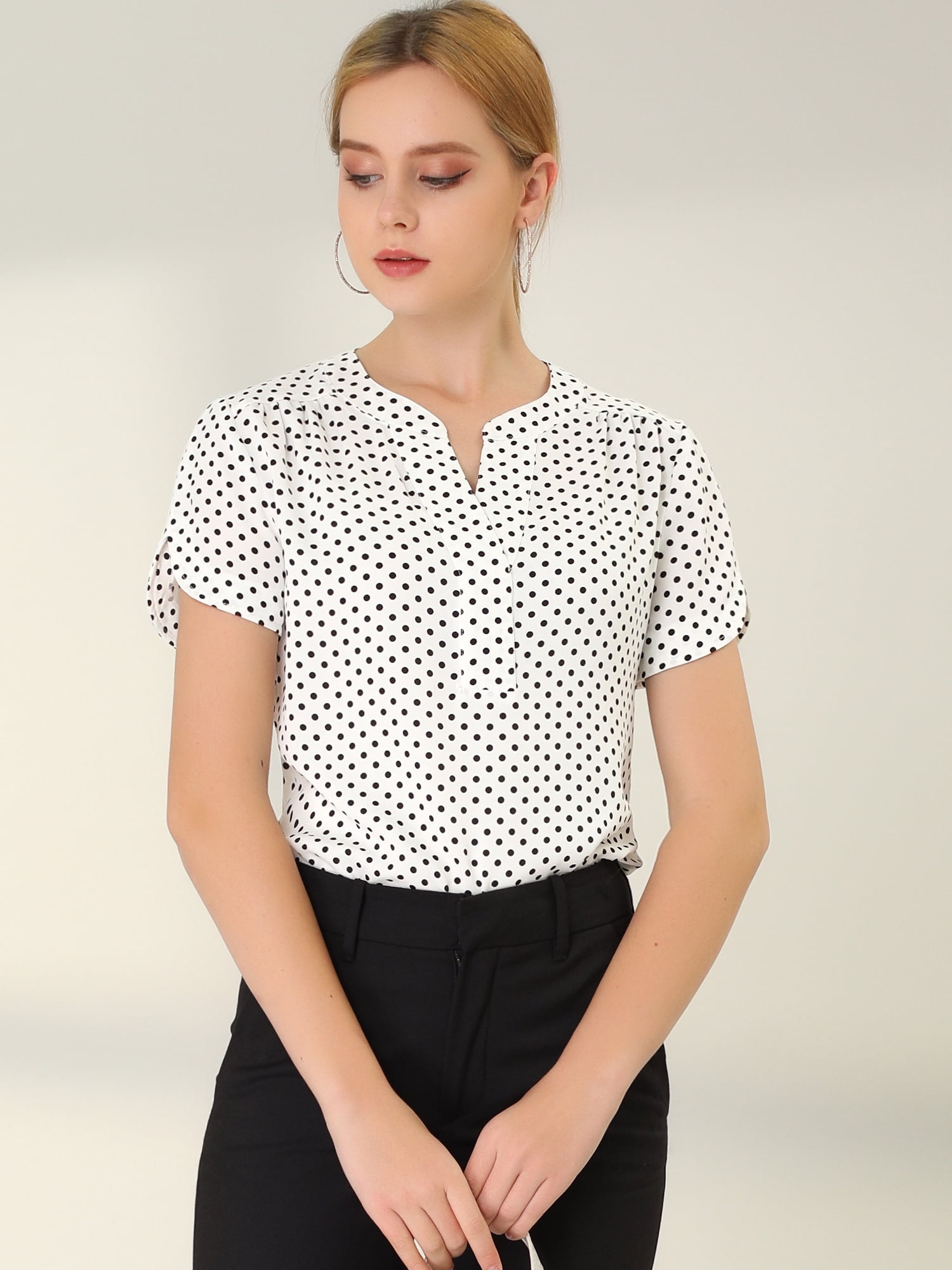 DARING DIVA V Neck Dots Printed Work Office Blouse Top XL White