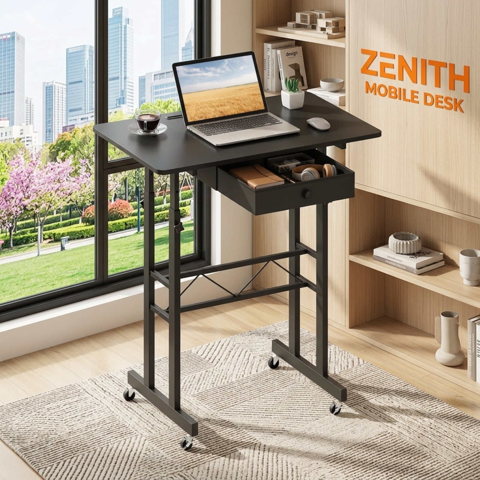 Furnibear Height Adjustable Standing Laptop Desk with Fabric Drawer Tablet Holder Lockable Wheels and Sit Stand Design for Home Office, Black