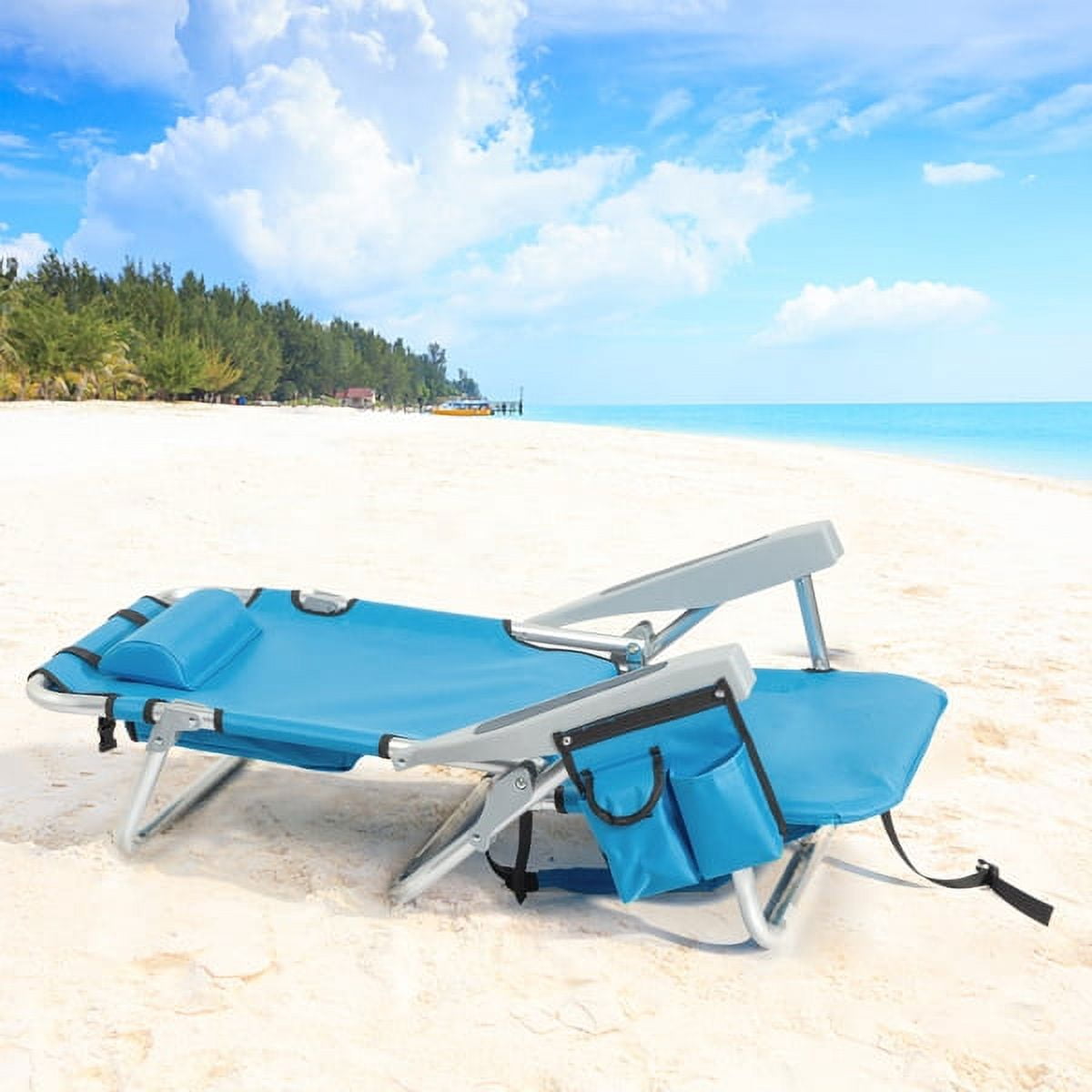 Short Oxford Cloth Silver White Aluminum Tube Bearing 100kg Beach Chair with Cup Holder Storage Pouches Blue