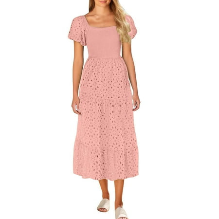 SAFUNY Women s Crewneck Short Sleeve Lace Midi Dress Pullover Stretchy Lightweight Casual Beach Vacation Dress Pink XL