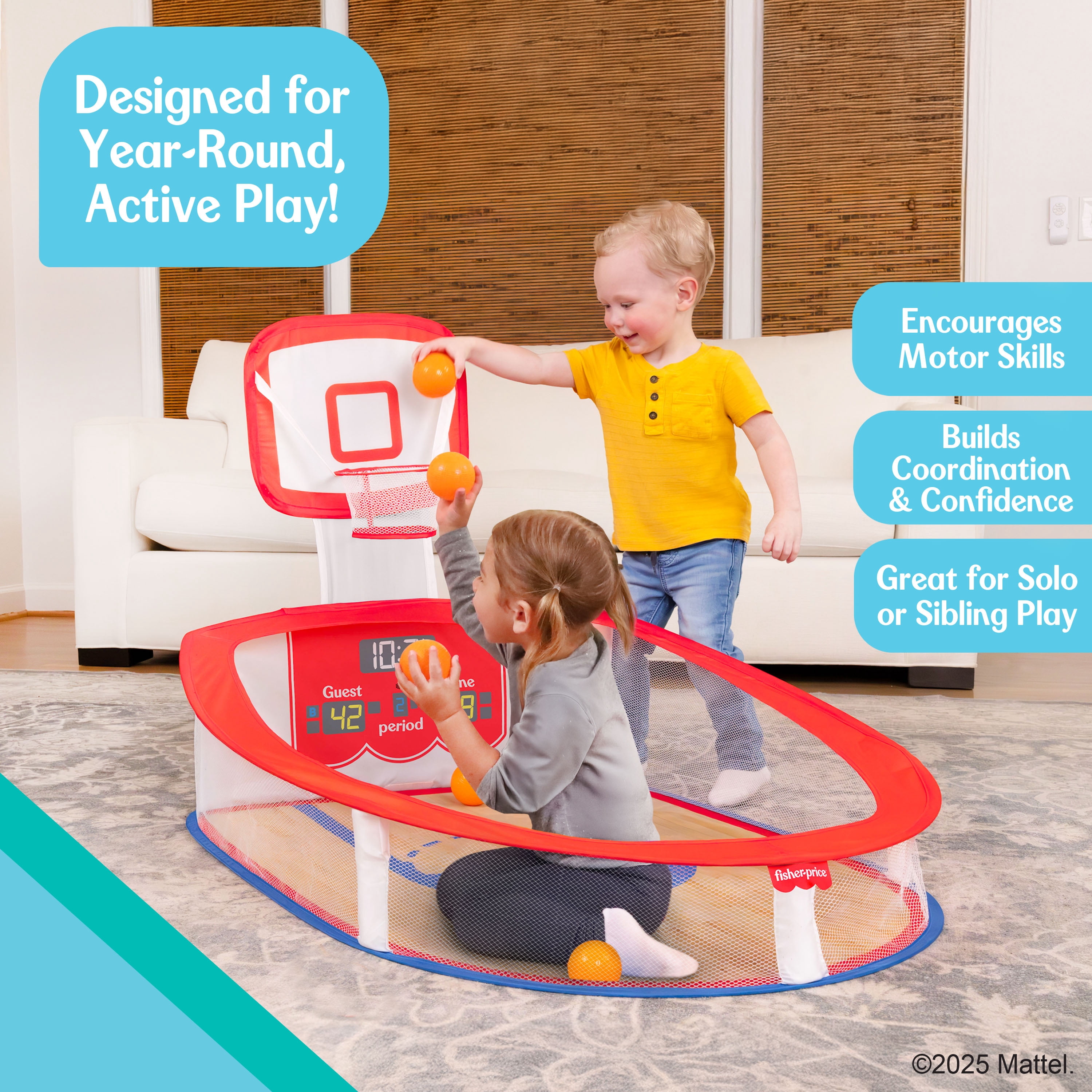 Fisher-Price Soft & Safe Basketball Set with Adjustable Backboard and 5 Air-Filled Balls for Indoor Play