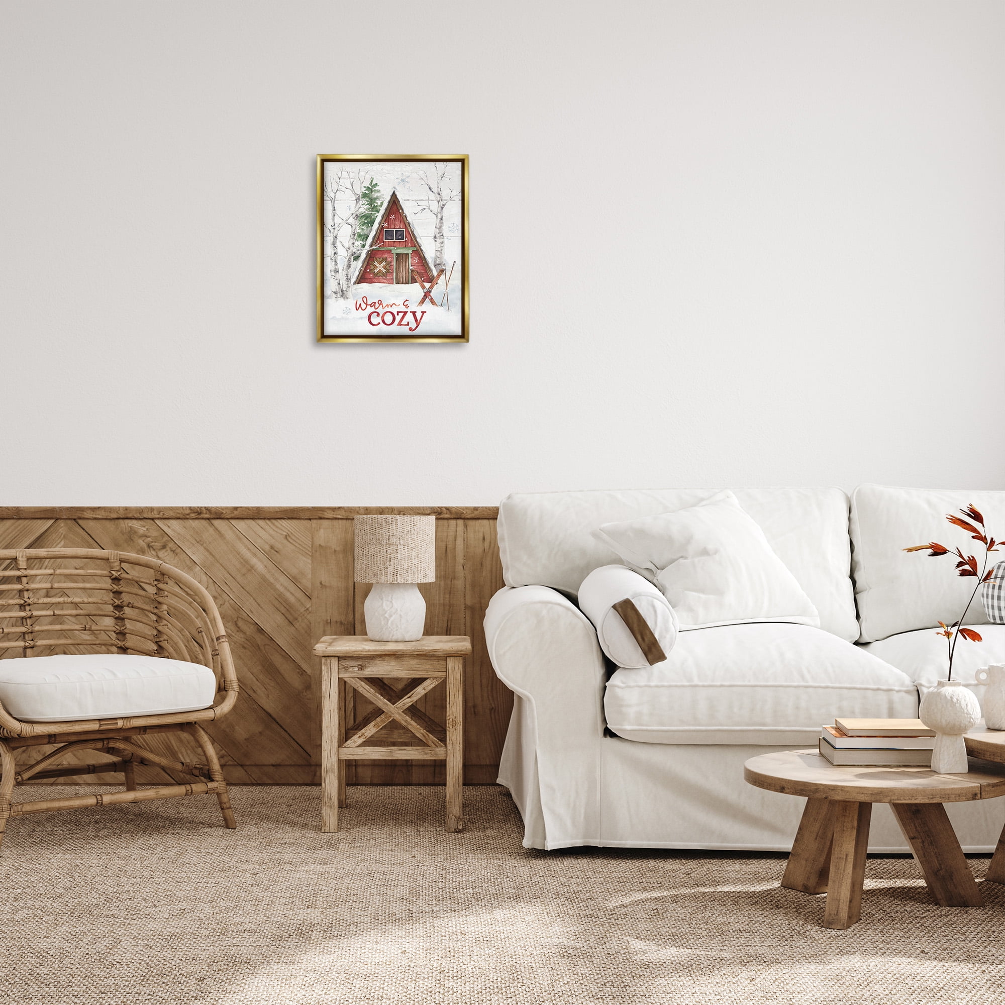 Stupell Industries Warm & Cozy Cabin Holiday Painting Gold Floater Framed Canvas Art Print Wall Art, 17 x 21