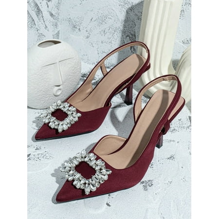 

Women Metallic Rhinestone Decor Point Toe Heeled Slingback Pumps