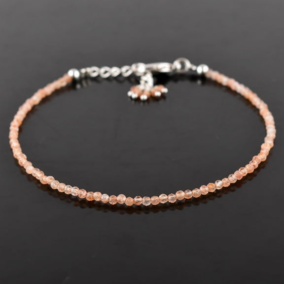 QNAVIC Natural Sunstone Gemstone Micro Round Beads Dainty Bangle Bracelet, Jewelry for Women, Healing Chakra Crystals, Birthstone Gift for Her, Silver Plated Chain 8 inch