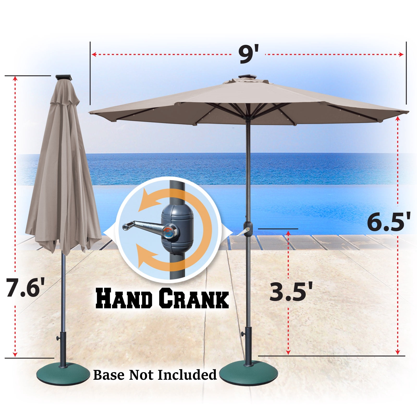 Sunny 9' Aluminum Solar Powered Patio Umbrella 24 LED Light Parasol Sunshade with Crank (Taupe)